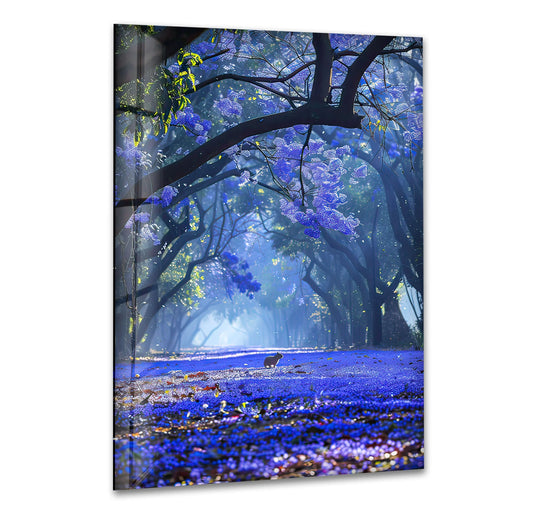 Soft, dreamy light illuminates the enchanted Jacaranda path in this glass wall art, a captivating floral escape that adds a touch of nature-inspired home decor.