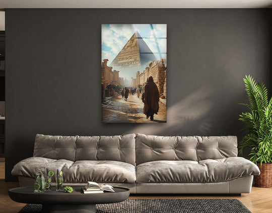 Illuminating the Egypt's Pyramids of Giza glass wall art, the brightest area enhances the ancient scenery, offering a stunning home decor display.