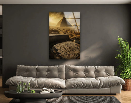 Highlighting the darkest area, this Egyptian pyramids glass wall art features captivating art from glass, casting shadows that enhance the ancient scene's mystery.