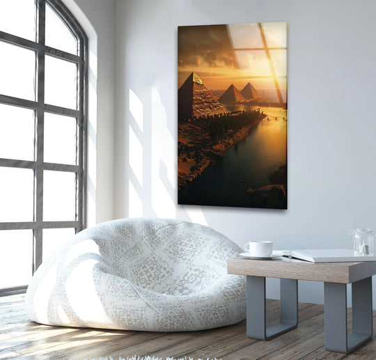 Highlighting the layering effect, this pyramids Egyptian glass wall art features a stunning view where reflected light creates depth, showcasing the beauty of glass art.