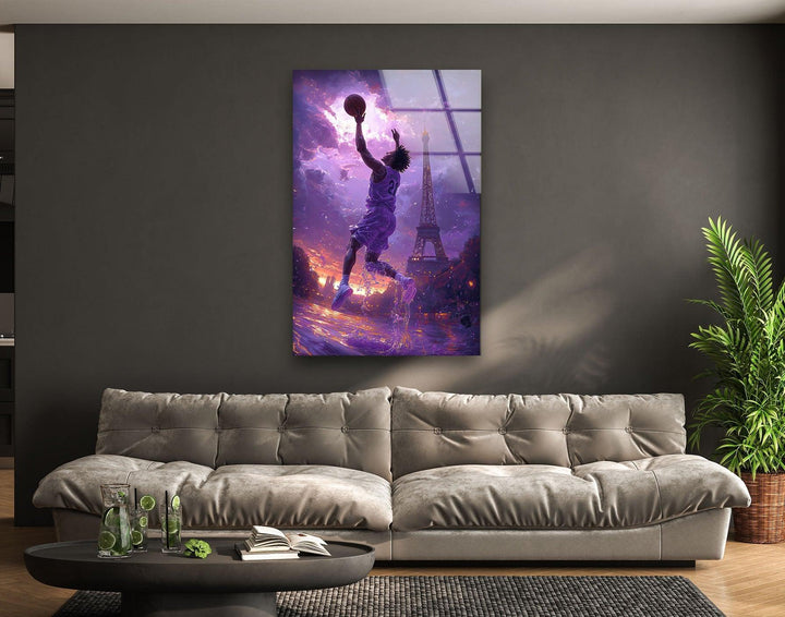 Glass wall art of a basketball player leaping toward the basket with the Eiffel Tower at sunset.