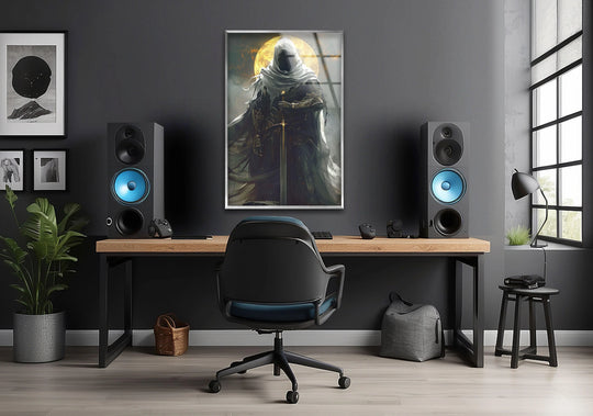 The focal point reveals a hooded shadow knight in this glass wall artwork, a striking piece of dark fantasy decor showcasing a golden halo effect on glass.