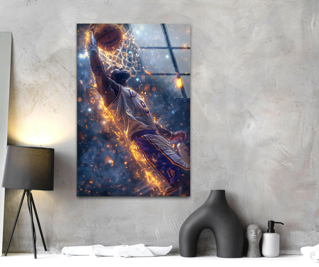 Intense glass artwork showing a legendary athlete dunking through explosive golden energy.