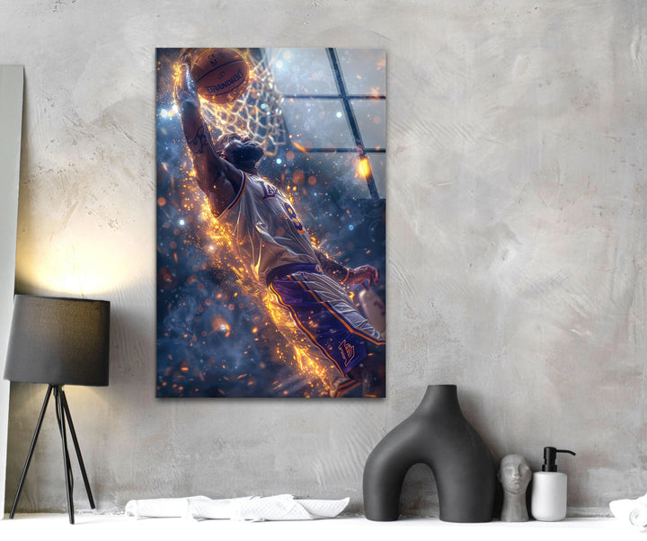 Intense glass artwork showing a legendary athlete dunking through explosive golden energy.