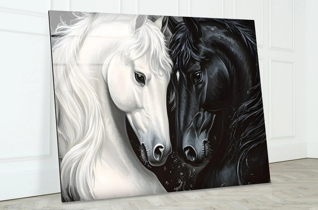 Artistic glass wall art of two horses facing closely, emphasizing contrast and fine detail.