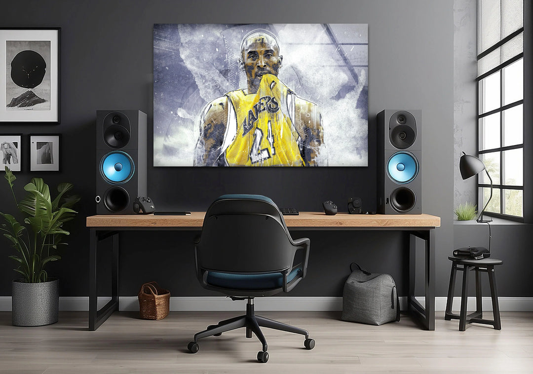Artistic basketball glass print featuring a number 24 player in an emotional moment with abstract splashes-Kobe Bryant Glass Wall Art & Decor Ideas