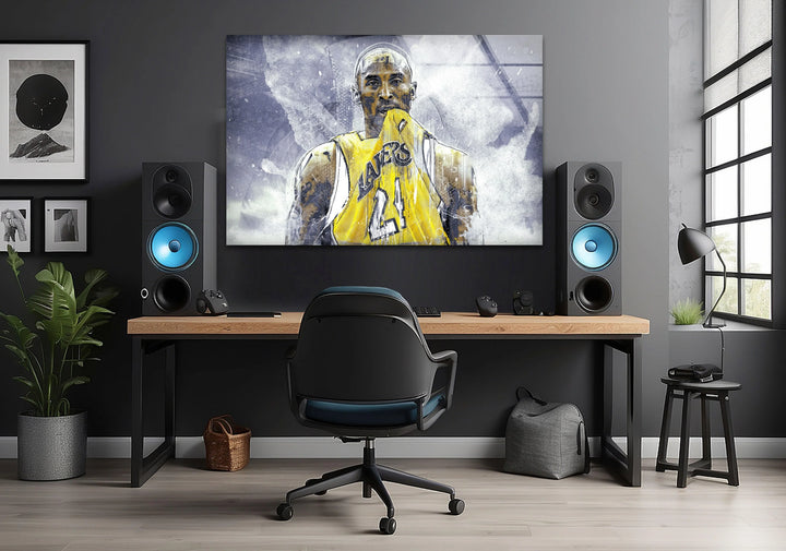 Artistic basketball glass print featuring a number 24 player in an emotional moment with abstract splashes-Kobe Bryant Glass Wall Art & Decor Ideas
