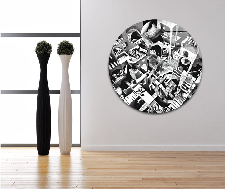 Impossible architecture drawing with layered steps and abstract corridors.