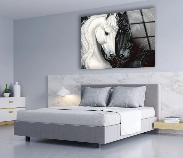 White and Black Horses Glass Wall Art Glass Printing Wall Art, Print photos on glass
