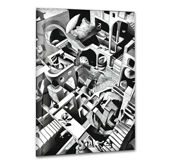 Black and white Escher-style labyrinth of impossible staircases and arches.