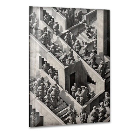 Geometric architecture and optical illusions define this Escher-inspired glass wall art, perfect for home decoration.