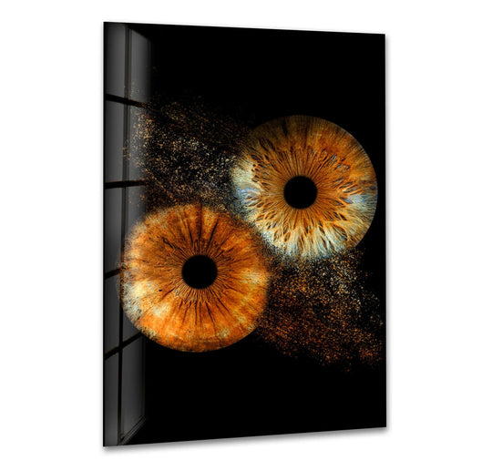 A fractured geometric window pane refracts and shatters the detail of two vivid brown irises in this home decoration.