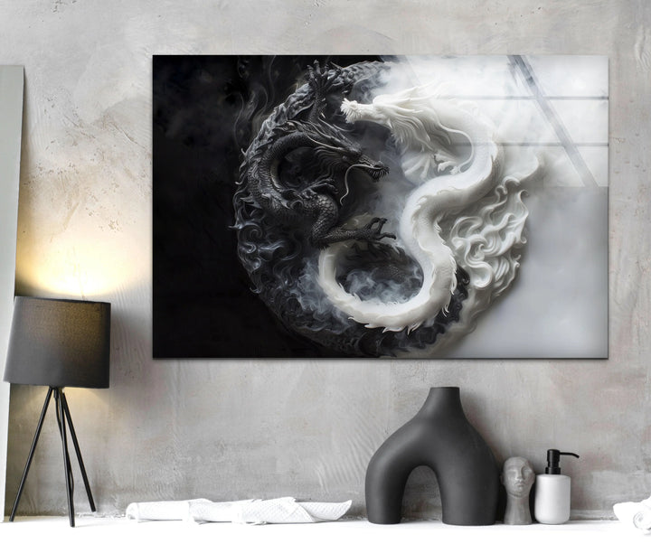 Dramatic monochrome dragon artwork on glass illustrating duality through intertwined dark and light dragons.