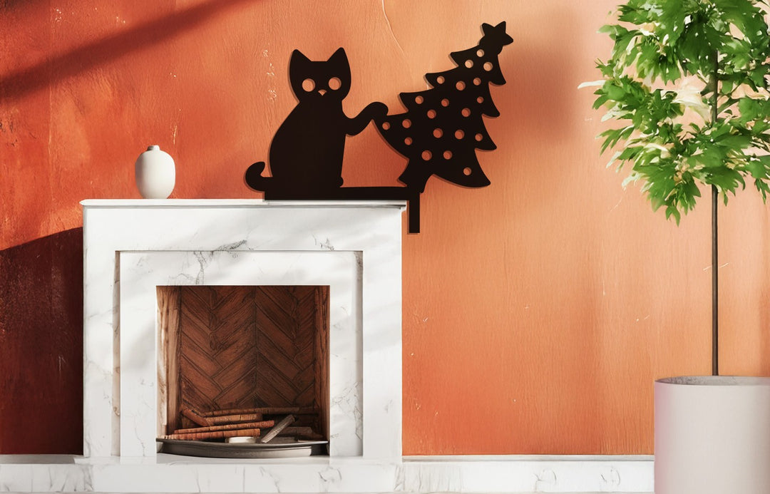 Cute holiday cat and tree silhouette metal wall art