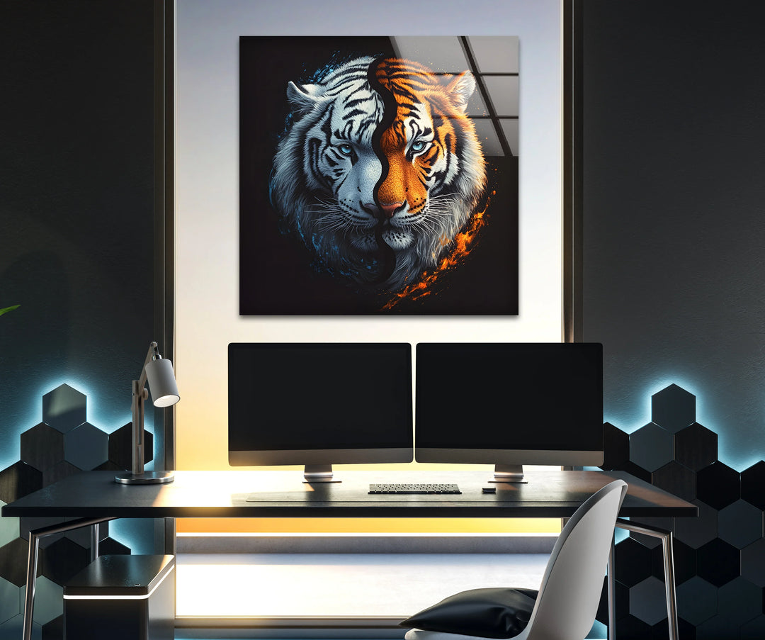 High-contrast glass wall art of a dual-colored tiger with blue and orange energy effects.