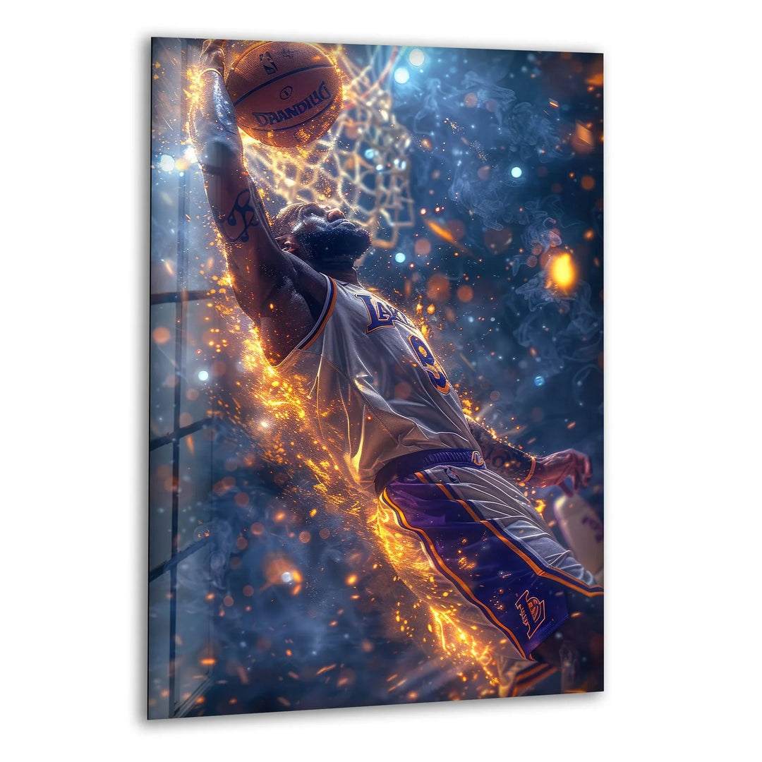 Glass wall art of an iconic basketball athlete performing a powerful dunk with fiery glowing effects.