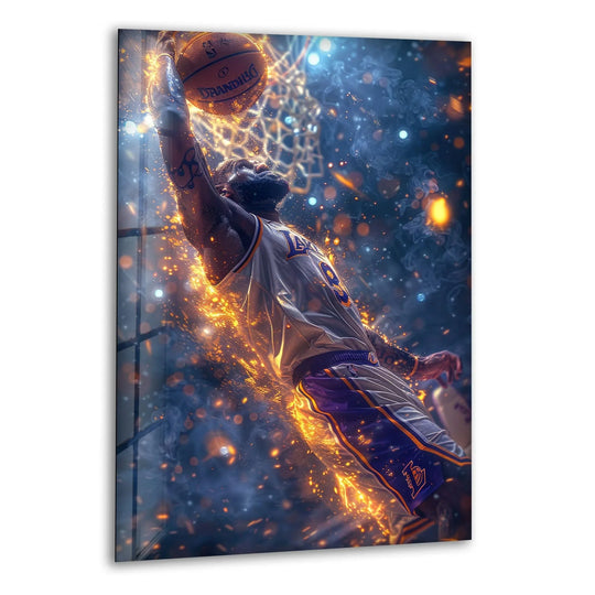 Lakers player canvas wall art shows a slam dunk moment and dynamic sparks and is perfect as sports wall art or iconic basketball decor