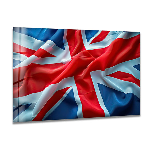 A close-up of the Union Jack flag on tempered glass, showcasing a high-gloss, reflective finish for unique modern wall decor.