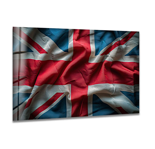 The Union Jack flag is depicted against a vast expanse of negative space, a striking piece of best glass art.