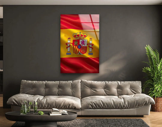 Spain flag glass wall art displays the organic forms of waving fabric, a unique modern wall decor piece.