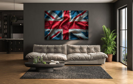 Old United Kingdom flag canvas wall decor featuring the Union Jack in a rich, textured depiction.