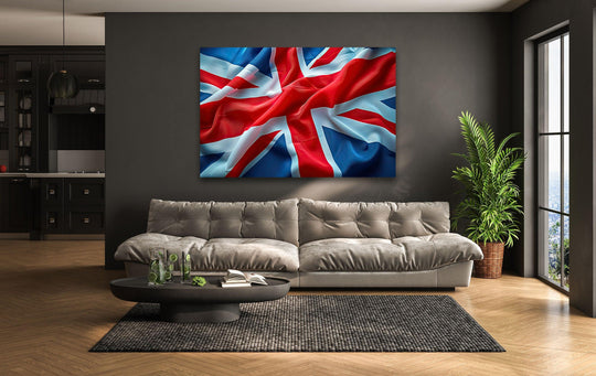 The darkest area of this glass wall art decor features the deep blue background of the Union Jack, creating a dramatic effect on a large canvas.