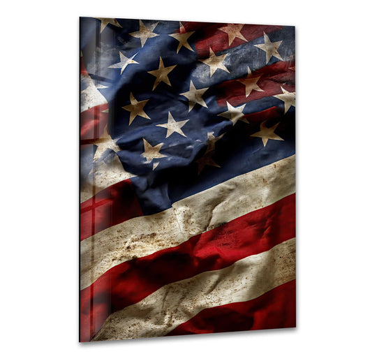 A rustic, distressed American flag rendered in vivid detail on high-quality decorative wall art, showcasing exceptional material quality.