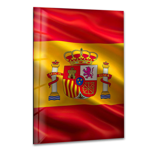 Close-up realistic detail of the Spain flag on tempered glass wall art with a detailed coat of arms.