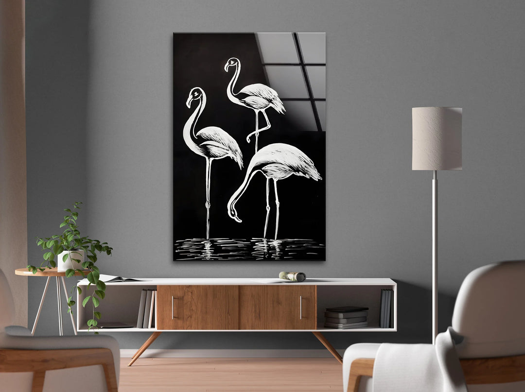 Modern flamingo-themed glass wall art in bold black and white illustration style.