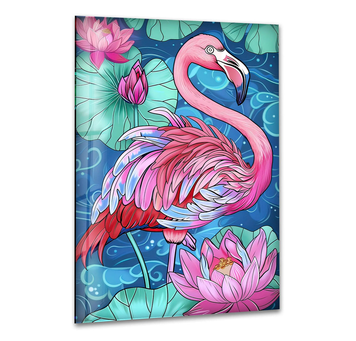 A vibrant pink flamingo glows against bright floral details in this striking home decor glass wall art.
