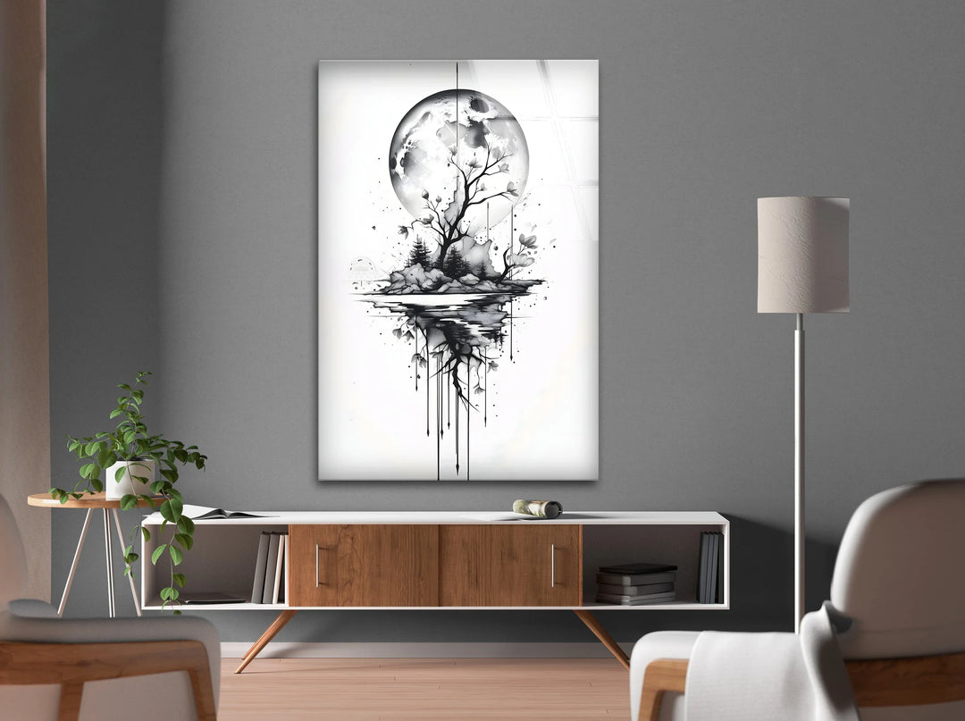 Black and white surreal landscape on glass with a glowing moon and dripping reflections.