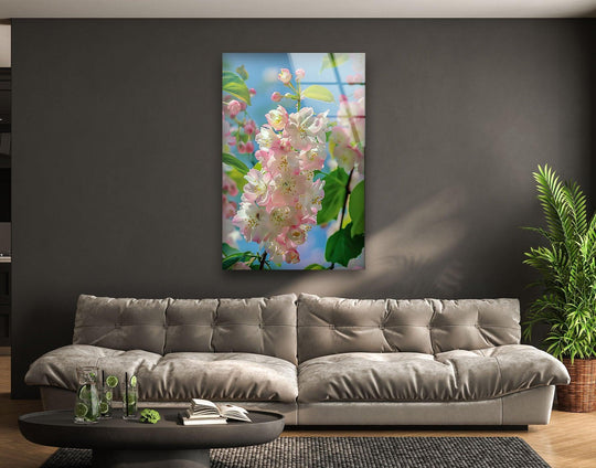 Abstract floral glass printing captures delicate pink cherry blossoms with a soft, dreamy bokeh effect.