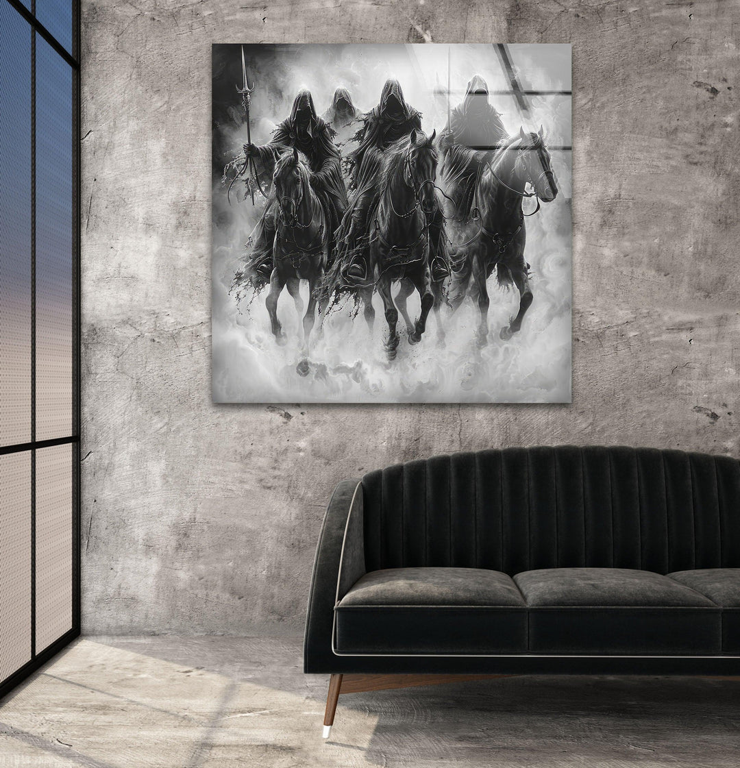 Dark Riders Glass panel artwork with mysterious cloaked horsemen surrounded by swirling atmospheric smoke.