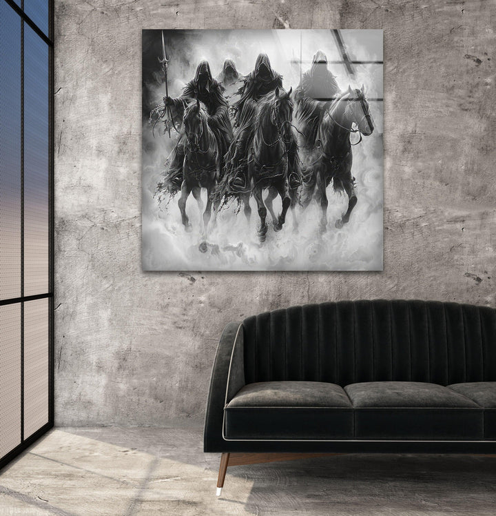Dark Riders Glass panel artwork with mysterious cloaked horsemen surrounded by swirling atmospheric smoke.