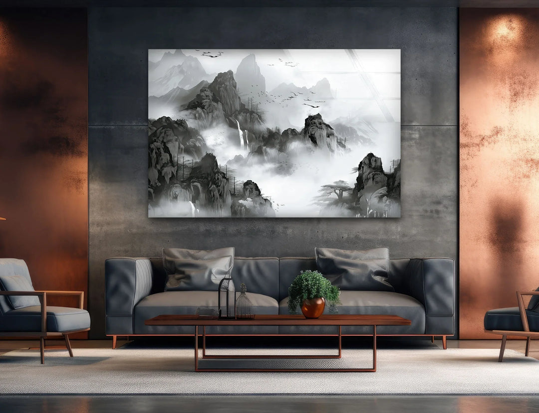 Black and white wall art capturing ethereal mountain silhouettes with birds in flight.