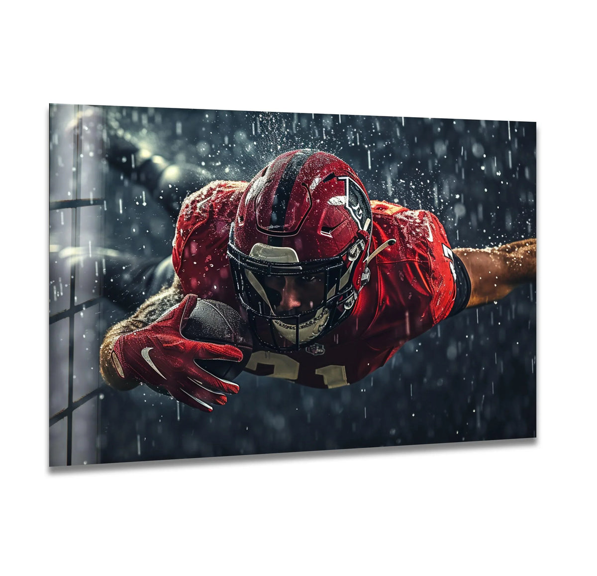 Illuminating the athlete's face, the brightest area highlights the intensity in this rainy American football glass wall art, a bold home decor piece capturing action.
