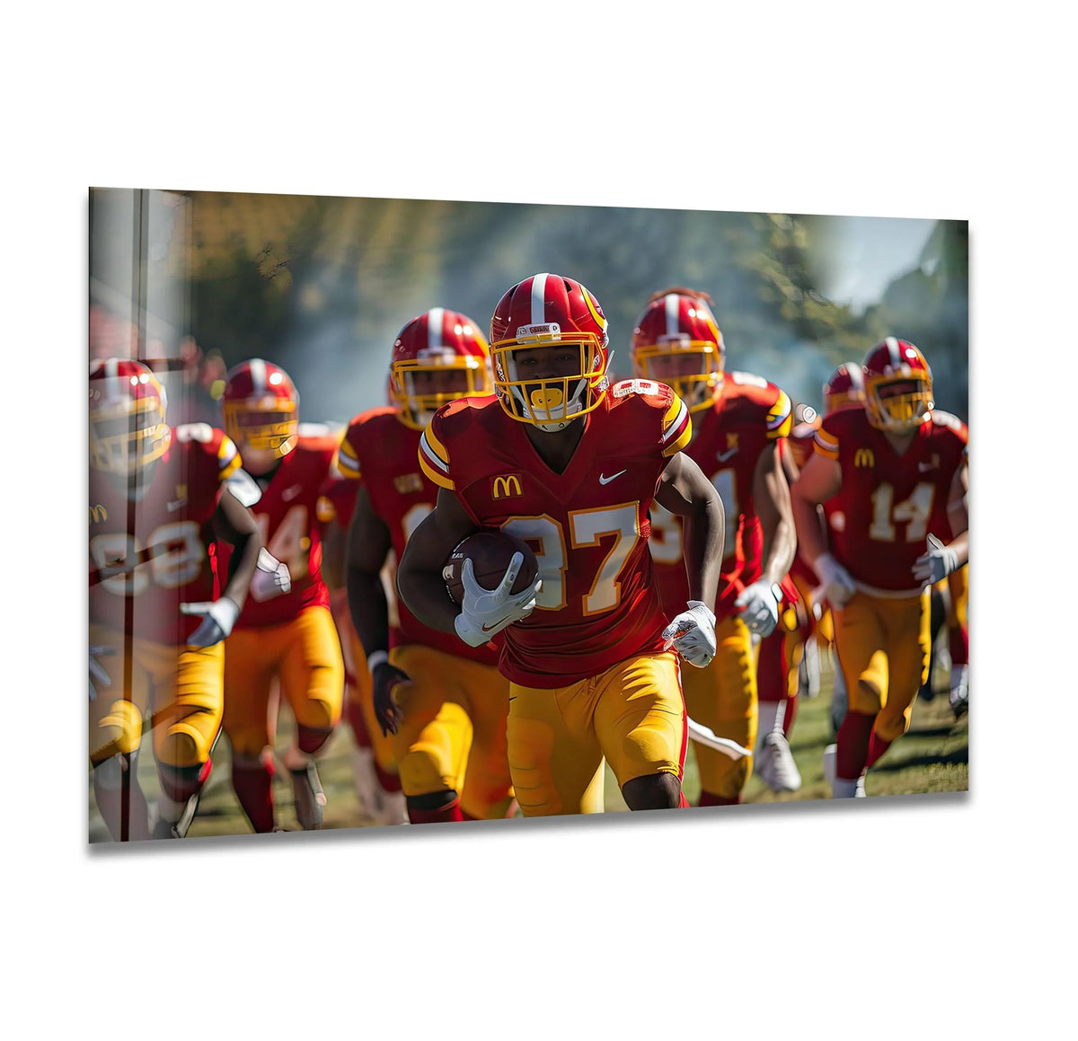 The stillness captures the red NFL team in dynamic motion as a glass wall art prints, poised mid-action.