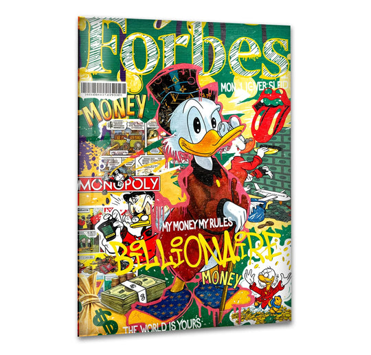 Vertical rectangular print wall art shows a playful 'Forbes' magazine cover parody with cartoon characters and money-themed pop art.