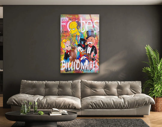 Loudest element in this Forbes Billionaires glass wall art is its vivid graffiti style, making it a unique home decoration piece.