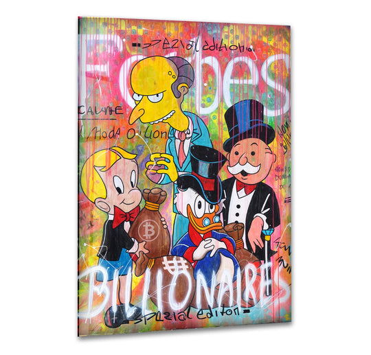 Depicting the layering effect through cartoon billionaires characters against a vibrant graffiti backdrop, this Forbes Billionaires glass art piece creates a captivating visual statement.