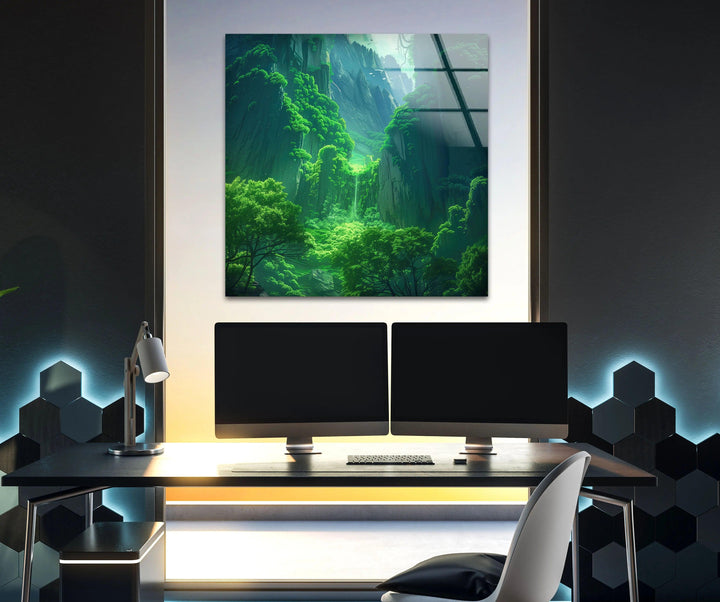 Forest-themed wall decor with a peaceful waterfall and glowing green foliage.
