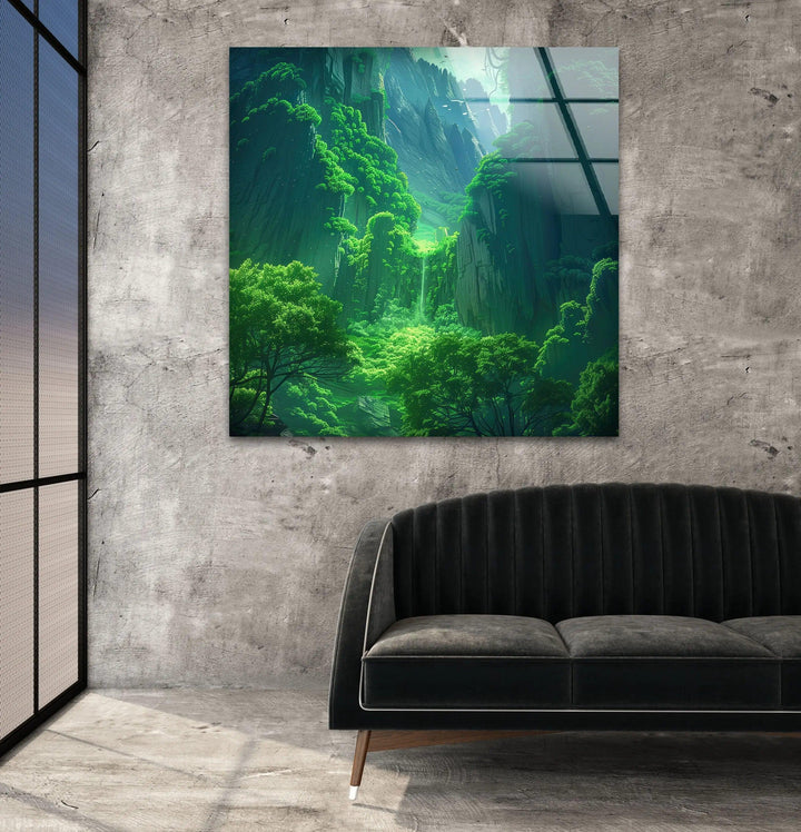 Large landscape wall art of a serene forest waterfall surrounded by lush trees.
