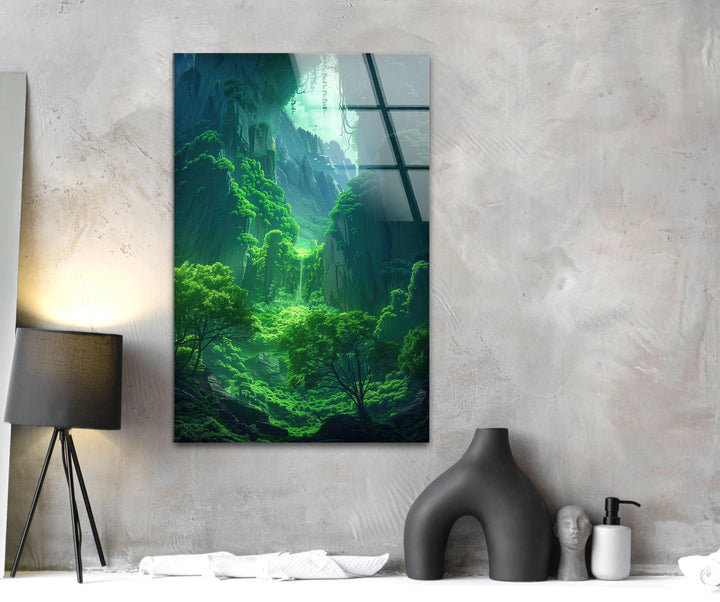 High-quality glass print capturing the beauty of an untouched jungle landscape.
