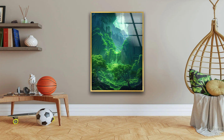 Glass wall art featuring a lush green enchanted forest with towering cliffs.

