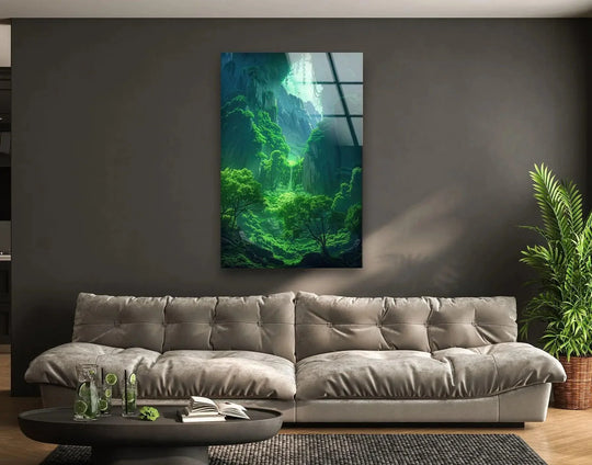 Gleaming reflections accent the smooth surface texture of this enchanted forest glass print wall art, highlighting the mystical green paradise within the landscape.