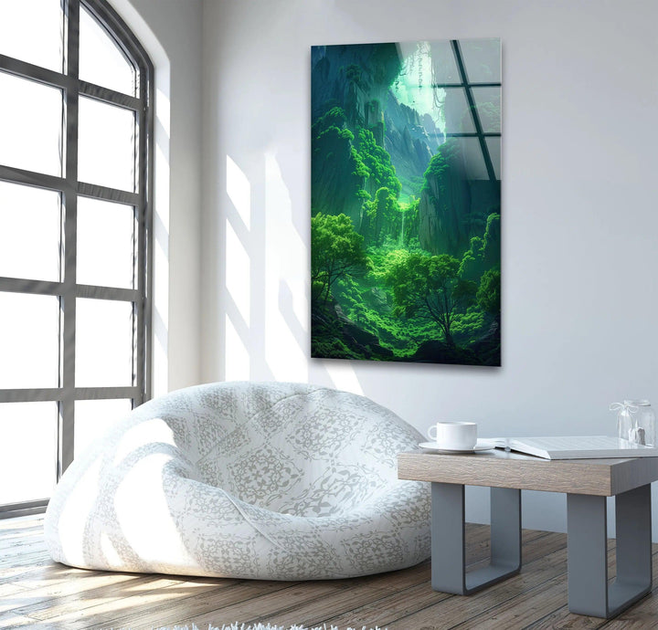 Glass wall art depicting a hidden paradise deep within a green valley.
