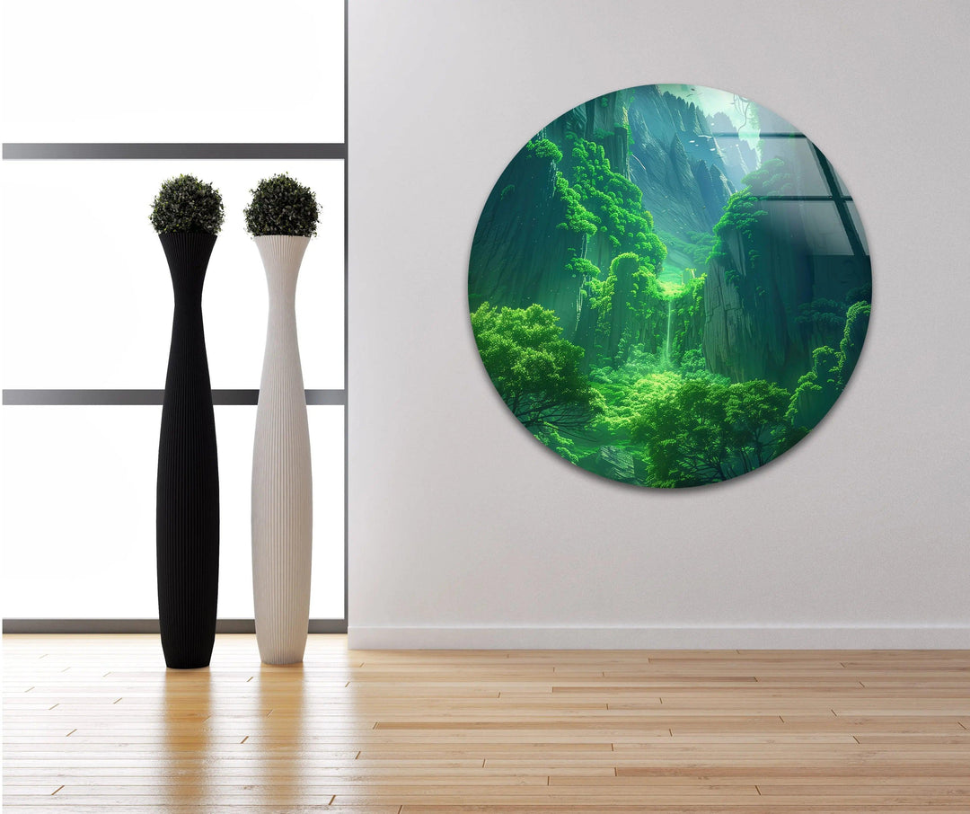 Large glass wall decor featuring misty cliffs and a vibrant green landscape.
