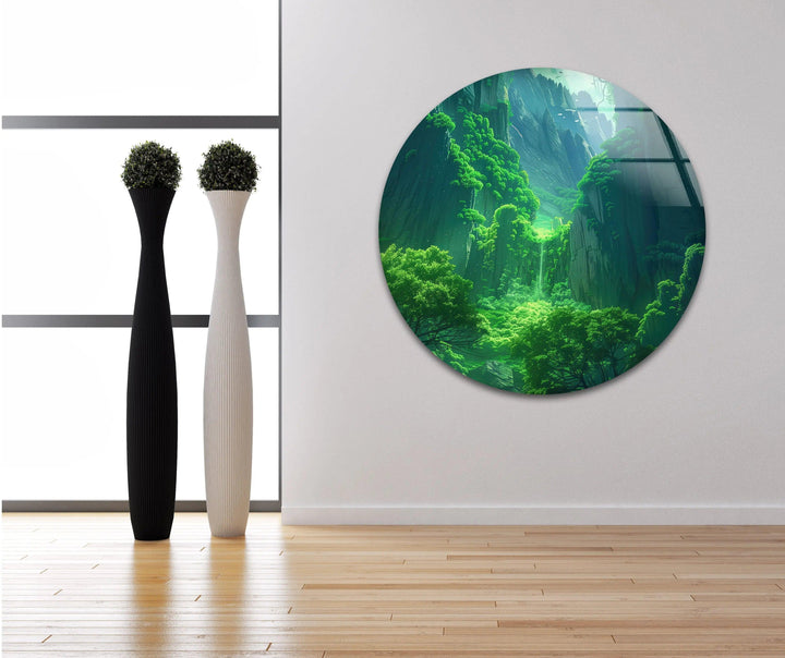 Large glass wall decor featuring misty cliffs and a vibrant green landscape.
