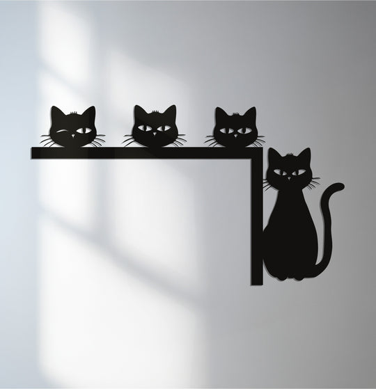 Repeating silhouettes of four black cats create a visual rhythm within this charming midnight quartet metal art for wall, a minimalist decoration.