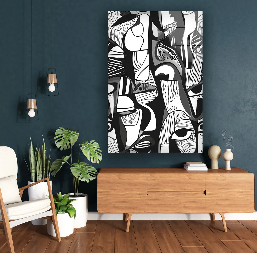 Artistic monochrome panel featuring interwoven abstract shapes and minimal face expressions.